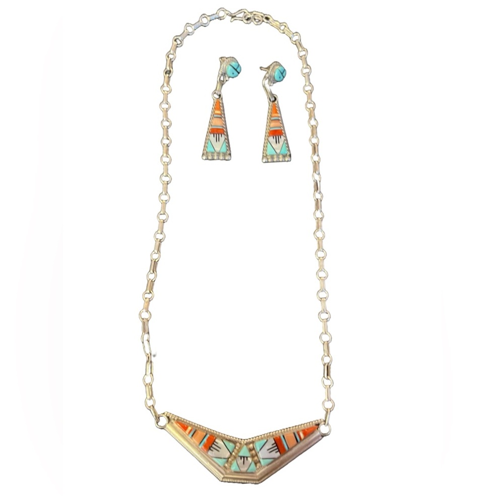Wilton & Carol Niiha Zuni Navajo Earrings and Necklace Set - signed